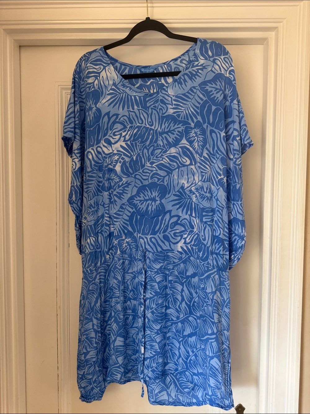 Blue Tropical Print Mini Dress-style cover-up with Drawstring Waist